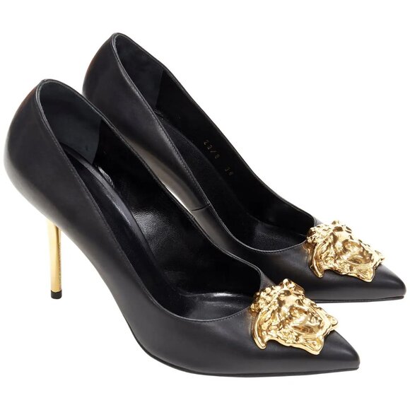 BNIB Versace Women's Gold Medusa Logo High Gold Heel Shoes Leather Black…